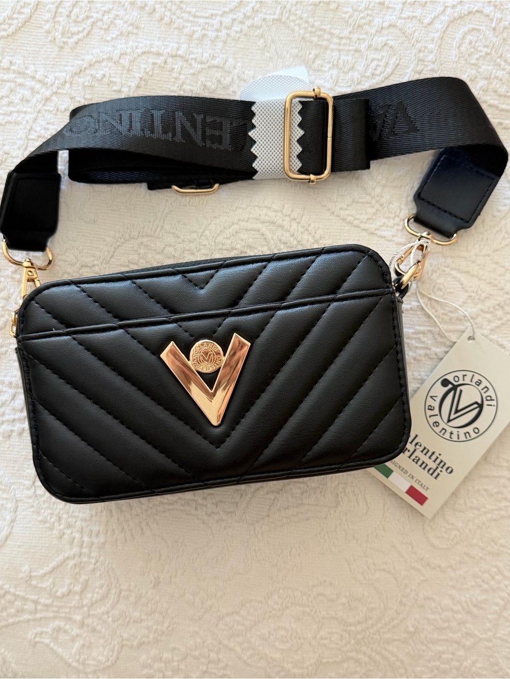 NWT* Valentino Orlandi Black Quilted Crossbody Camera Bag Gold Hardware